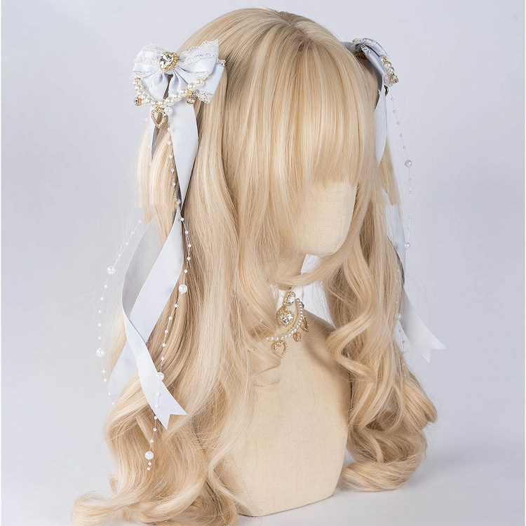 Rhinestone Bow Hairclips with Beaded Chains 5 Colors Jirai Kei Heart