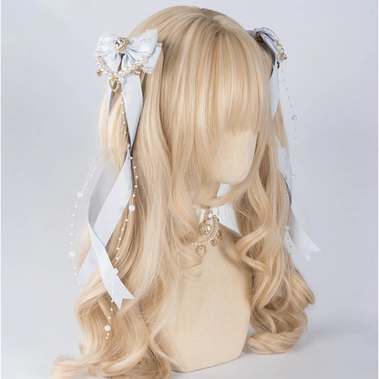 Rhinestone Bow Hairclips with Beaded Chains 5 Colors Jirai Kei Heart