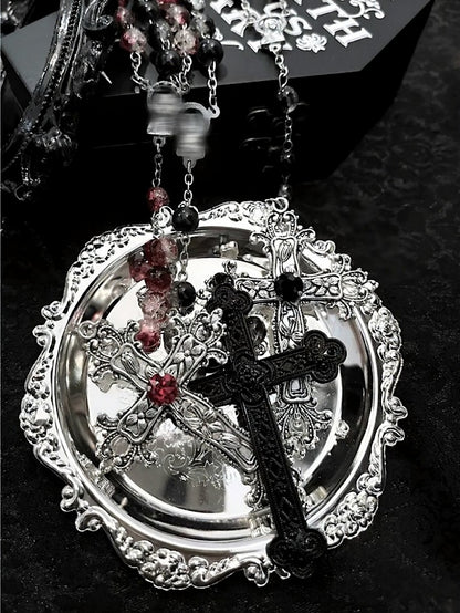 Three-Color Gothic Beaded Cross Necklace