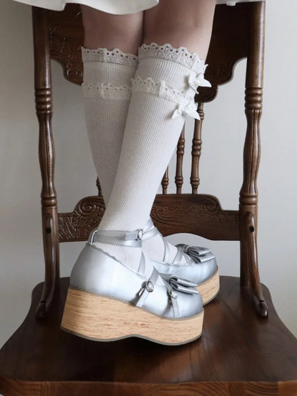 Shoes Platform Round Toe at Sweet Silver Bow Lolita PU - Top Crisscross Design