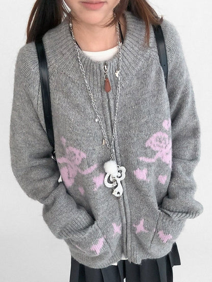 Two-way Pink Placket Zip Knit - Jacket Neck Round Grey