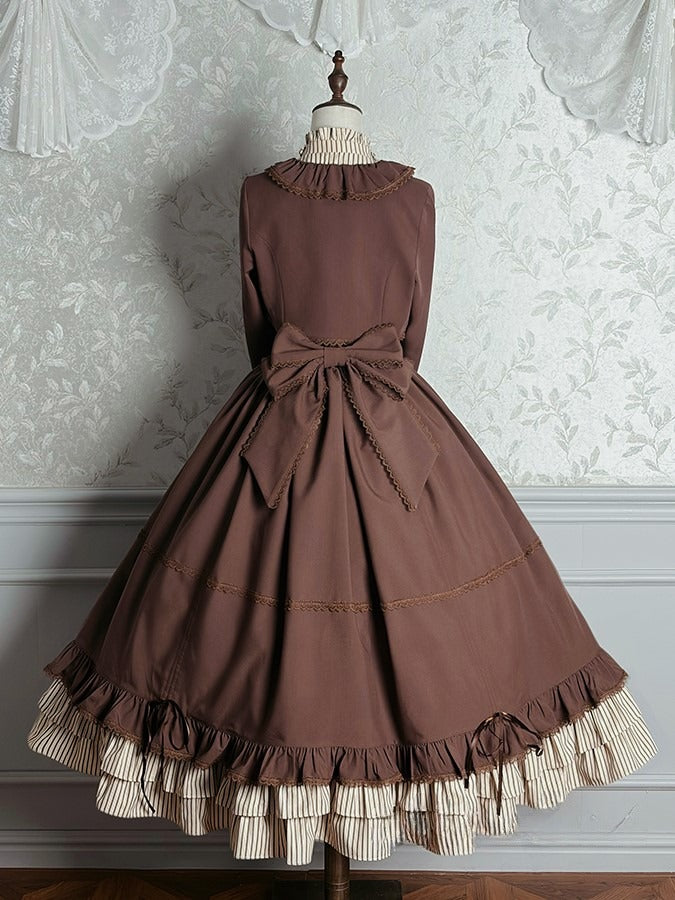 Elegant Bolero Classic Hat + Brown Badge Set Top Lolita Blouse Boned Striped Skirt Full