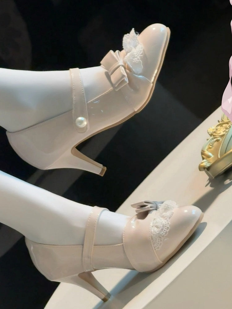 Fashion for Leather Bow Front Sweet Lolita Apricot PU High with Heels -