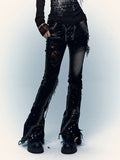 Straight-Leg Flare Black Punk Distressed Holes Jeans with Red Plaid Patchwork