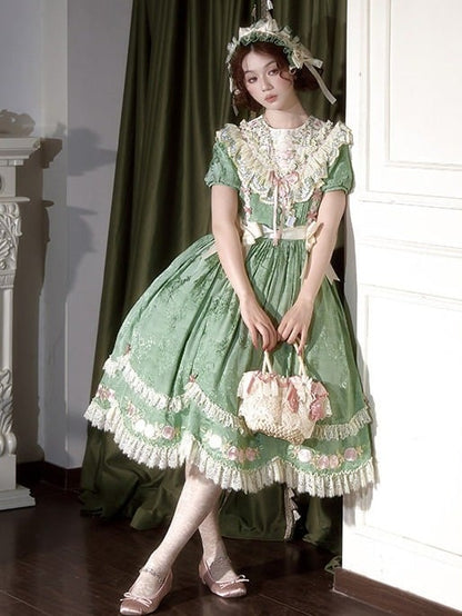 Floral Embroidered Green Lolita OP Gown with Scalloped Lace Hem