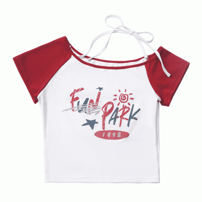Red  White Colorblock Asymmetrical Neckline Graphic T-Shirt