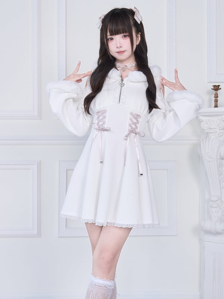 Pure Shoulder Jirai Hoodie with Beaded Chains Trim Plush Cutout Kei White Dress: