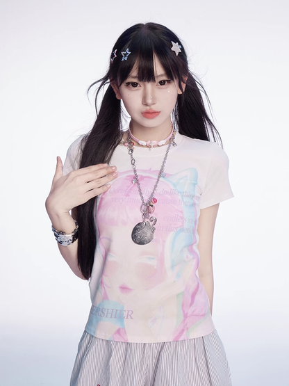 Tシャツ Y2K 漫画ガールプリント ホワイト ラウンドネック スリムフィット