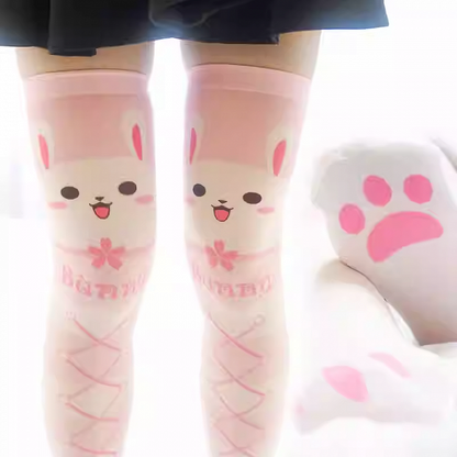 Pink Bunny Pattern Crisscorss Banded Over Knee Stockings