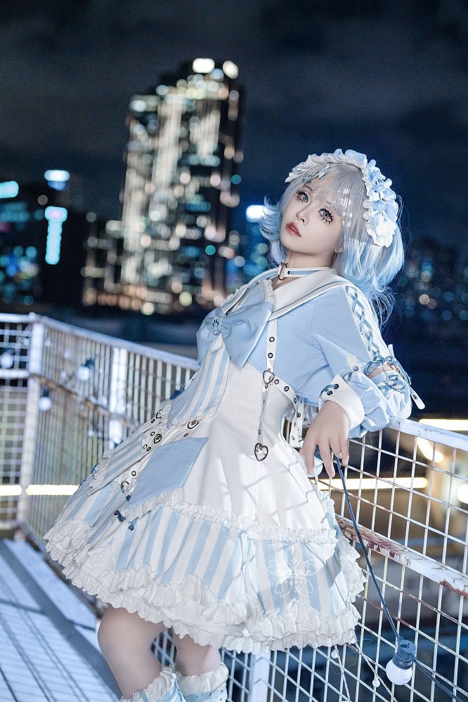 Kitty Light Bow Kaiwai Set Blaues JSK-Kleid Kurz geschnittenes Tenshi Lolita Sailor Striped Big Top Muster Ohren + - Kragen