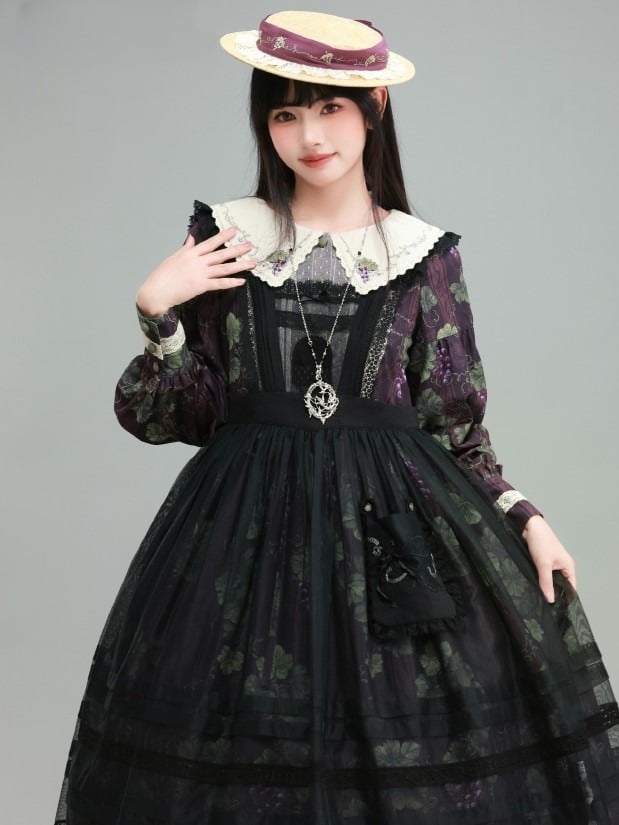 with Embroidered Pocket Overdress Black Lolita Lace-Trimmed