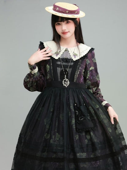 with Embroidered Pocket Overdress Black Lolita Lace-Trimmed