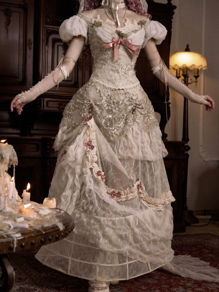 Skirt Versatile Long Bustle Patched Vintage Lace