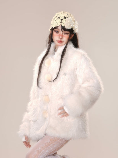 Beige Pink Pompom Detail Faux Fur Coat