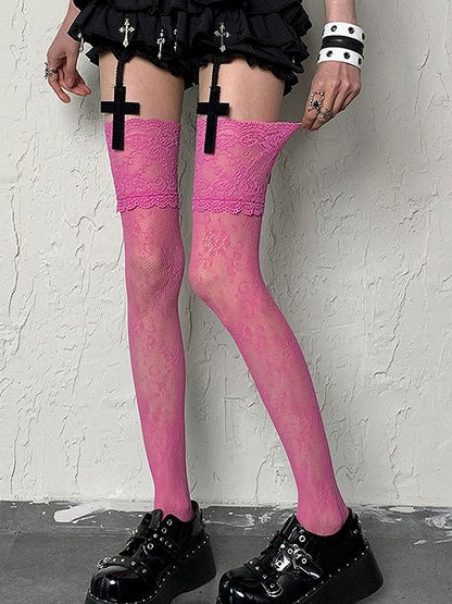 Floral Pattern Rose Stockings Overknee Trim Lace Y2K Pink