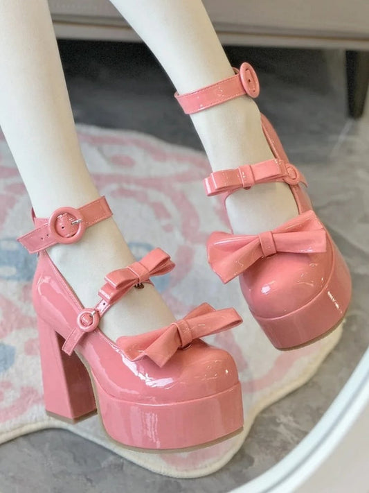 Block Circular Accent Janes Mary - Heel High Barbie Elegant and Pink Bow Clasp Removable