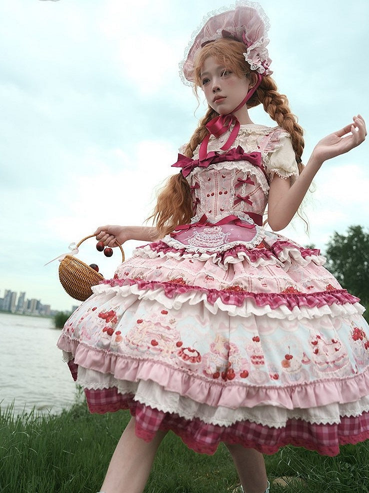 Pink Cherry Cake Print Sweet Lolita Dress with Layered Ruffles - Strawberry Fantasy