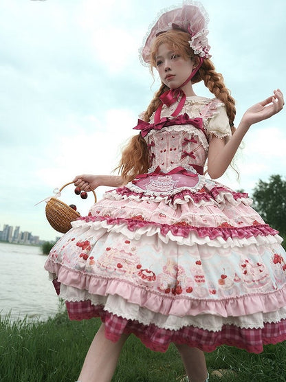 Pink Cherry Cake Print Sweet Lolita Dress with Layered Ruffles - Strawberry Fantasy