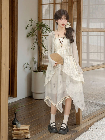 Slip Dress Saum Mori Cheongsam Kei Stil Grau Asymmetrische Quaste Jacquard