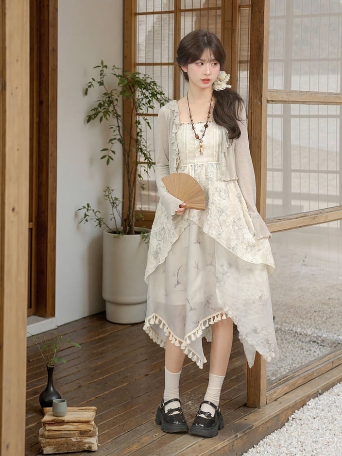Kei Cheongsam Hem Asymmetrical Tassel Mori Slip Dress Jacquard Style Gray