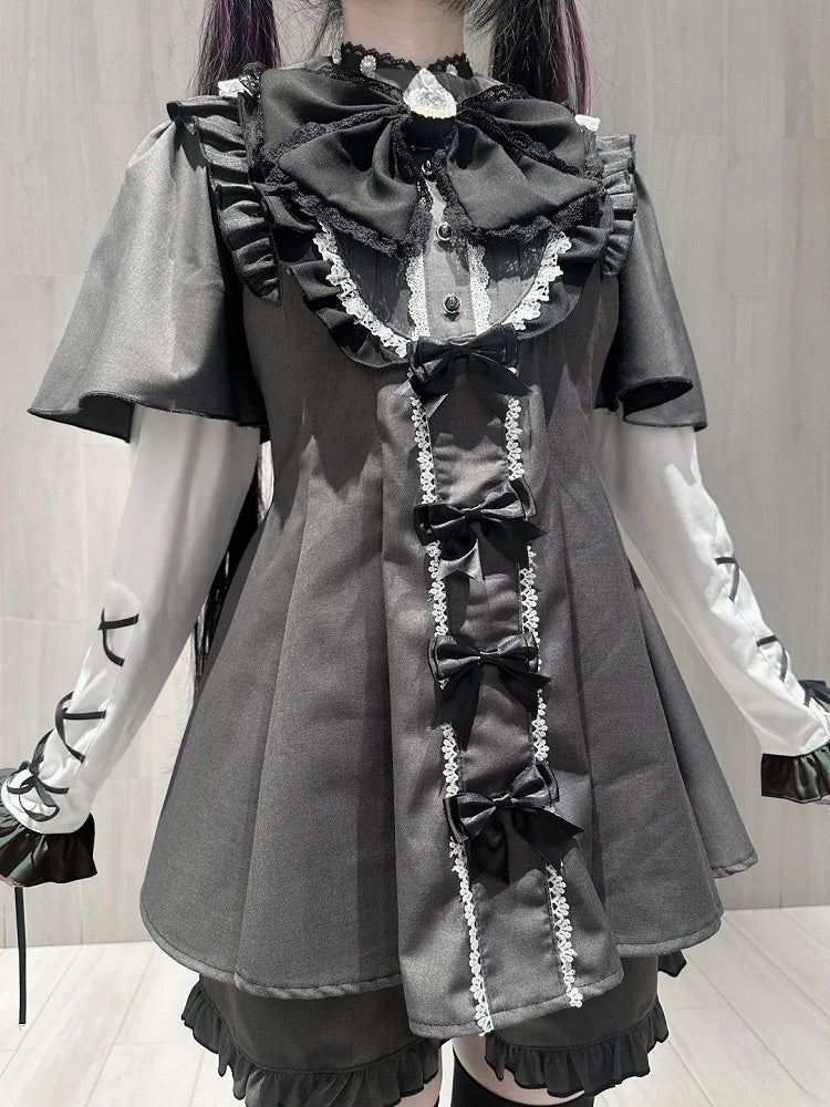 Detachable Dress + Sleeves Gray Tie Set Short-Sleeve Shorts Kei Matching Dark Jirai Full Bow