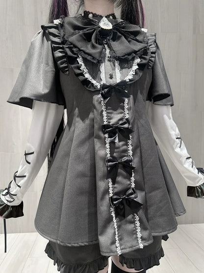 Detachable Dress + Sleeves Gray Tie Set Short-Sleeve Shorts Kei Matching Dark Jirai Full Bow