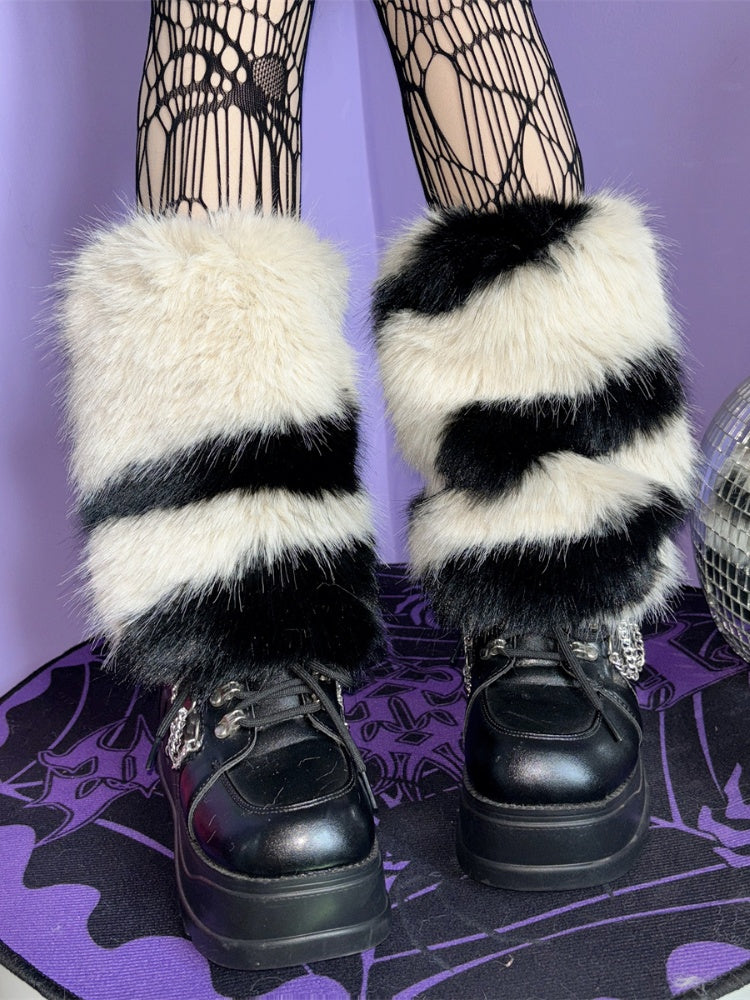 ベージュ/グレー Y2K ゼブラストライプ柄 25cm レッグウォーマー