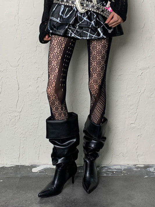 ブラック Y2K 非対称ホローアウトタイツ