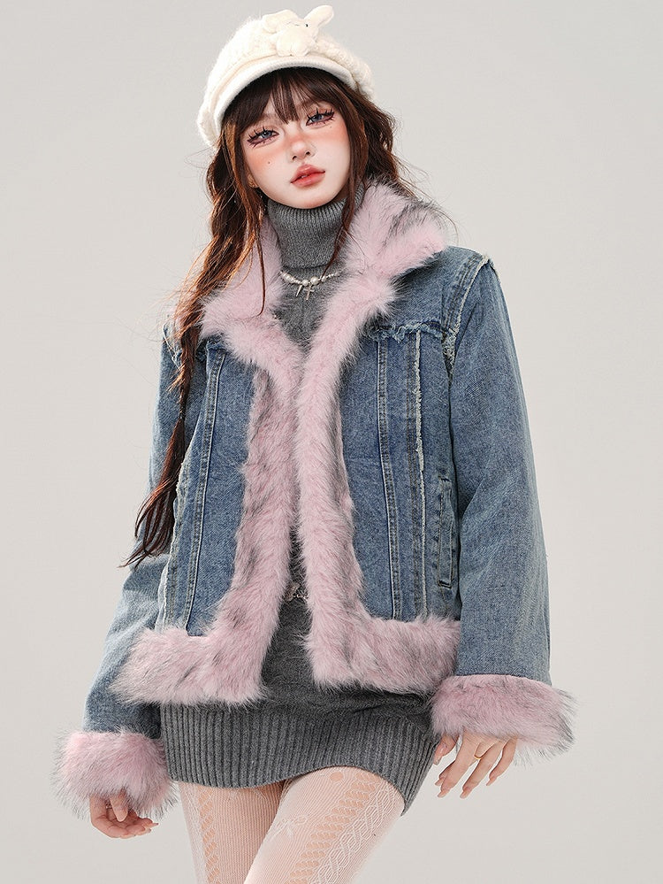 ブルーフェイクファートリム厚手デニムジャケット