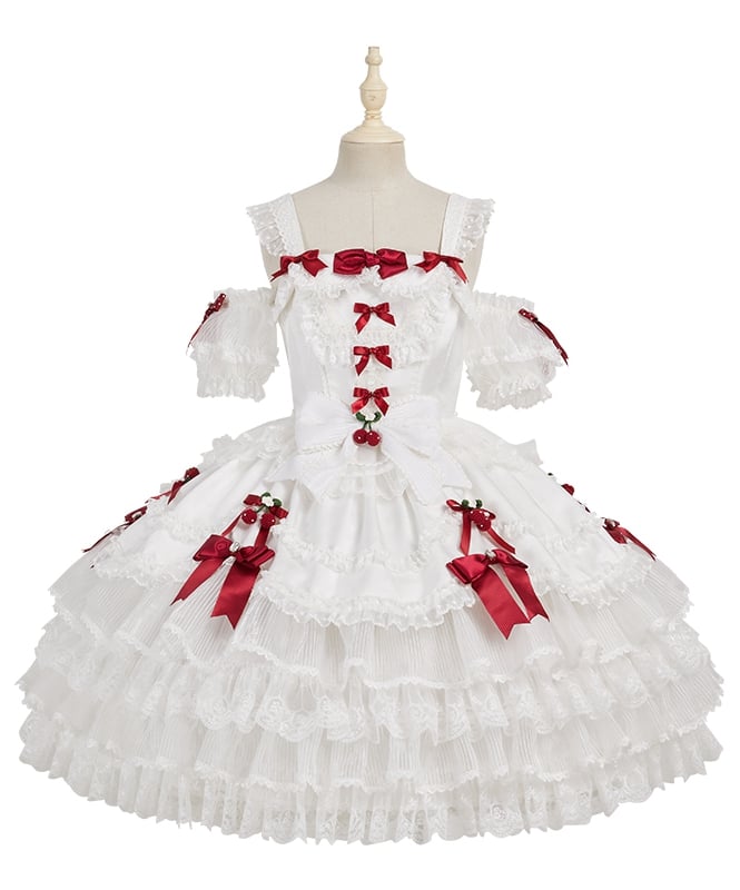 ホワイトストロベリープリンセスレイヤードフリルドレス、取り外し可能なパフスリーブ付きスイートロリータジャンパースカート