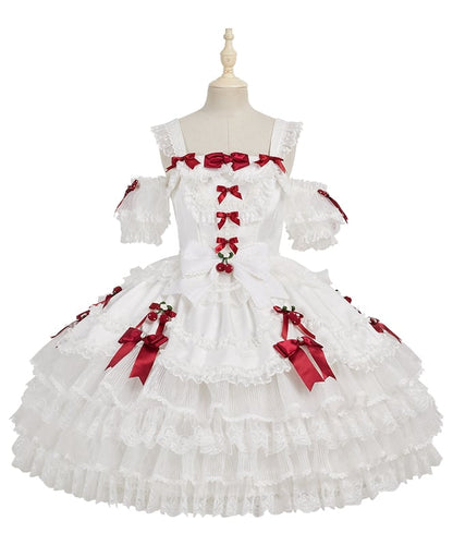 ホワイトストロベリープリンセスレイヤードフリルドレス、取り外し可能なパフスリーブ付きスイートロリータジャンパースカート