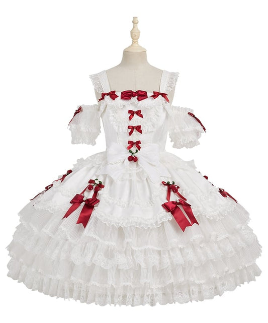 ホワイトストロベリープリンセスレイヤードフリルドレス、取り外し可能なパフスリーブ付きスイートロリータジャンパースカート