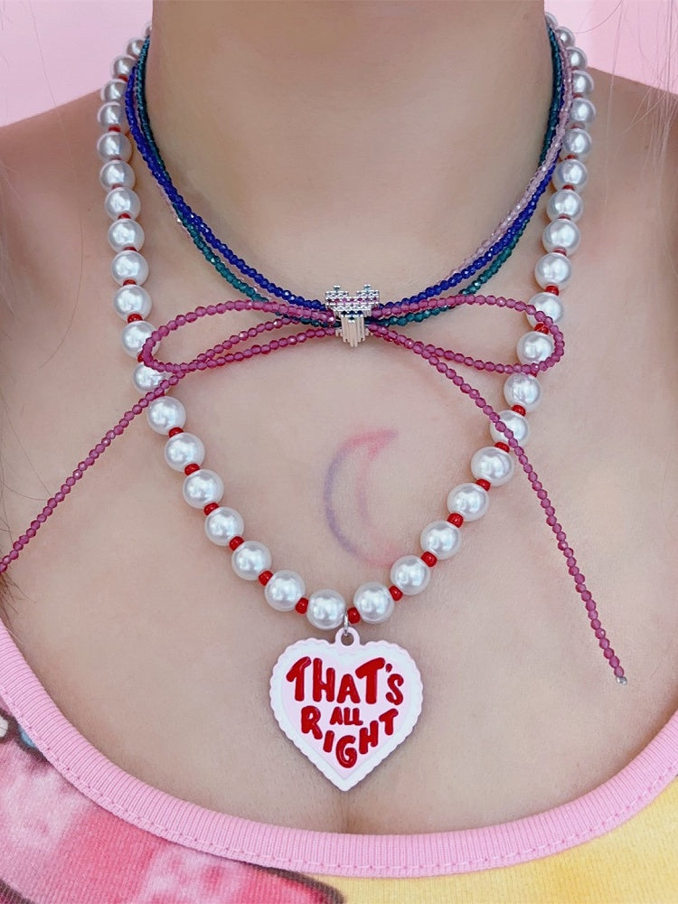 Pendant Letter Y2K Print Heart Beaded Pearl Necklace Red With