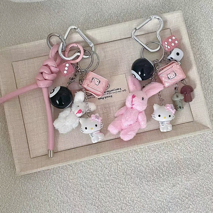 Y2K White/Pink Bunny Plush Kitty Keychain