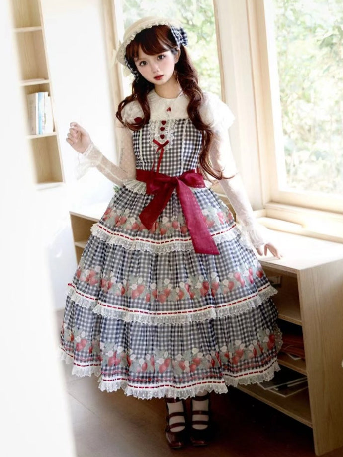 Strawberry Print Black Lolita Gingham Dress Sweet Summer Lolita Jumper Skirt