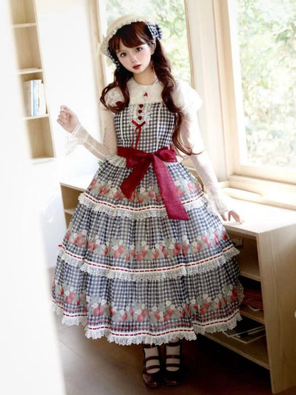 Strawberry Print Black Lolita Gingham Dress Sweet Summer Lolita Jumper Skirt