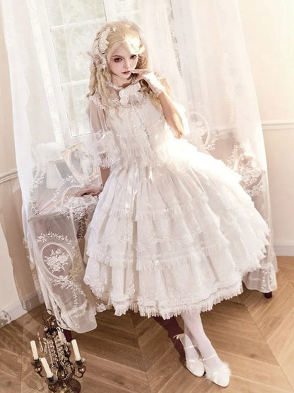 Buttons Tulle Shawl Embroidered White Bead with Lolita
