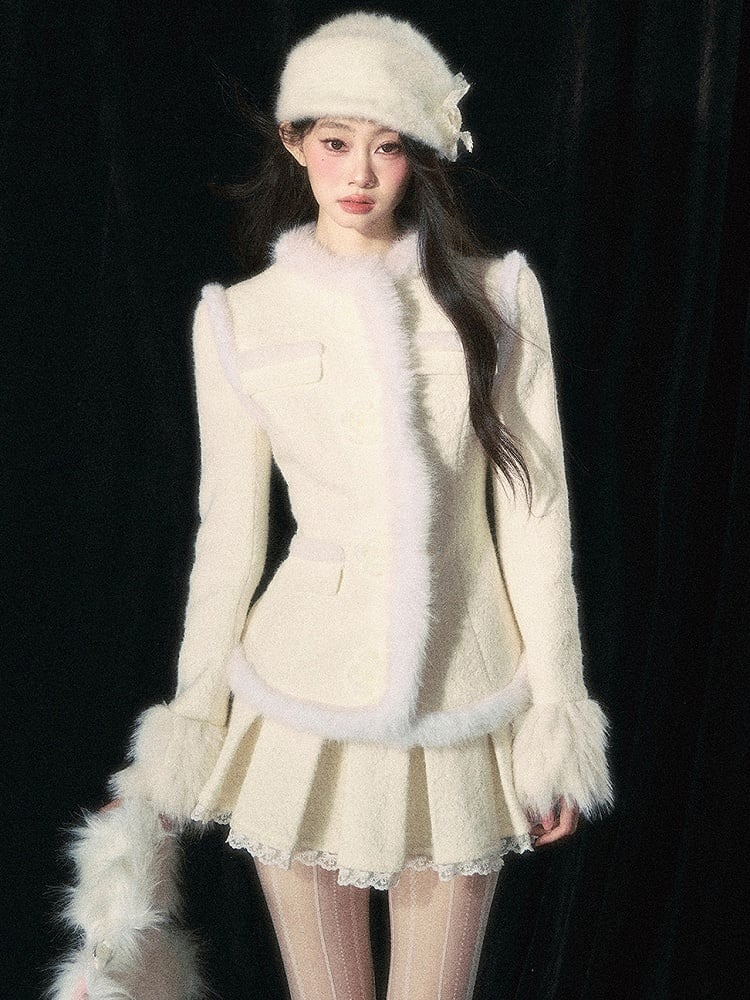 Aprikosenfarbener Jacquard-Rock aus Wolle mit Kellerfalten und Spitzenbesatz