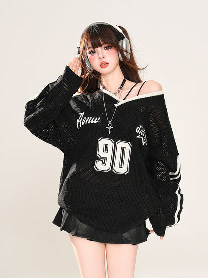 Schwarz/weißes, asymmetrisches Oberteil mit Sonnenschutz und Hohlsaum