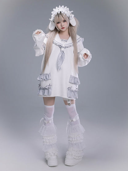 Free Jirai Blue Sailor Dusty Tie Collar Ruffles Sweatshirt Plaid Kei with