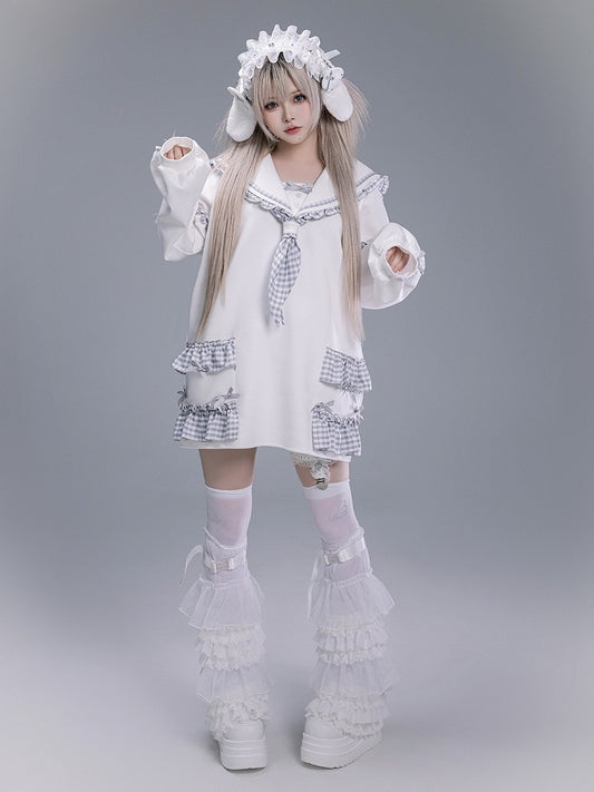 Free Jirai Blue Sailor Dusty Tie Collar Ruffles Sweatshirt Plaid Kei with