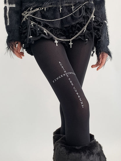 Print Text Black Tights Opaque Cross