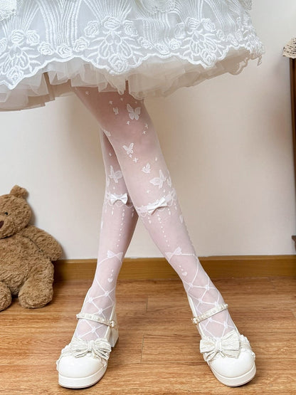 Two-Option White Sheer Lolita Tights with Bow Accents - Fat Bear Story