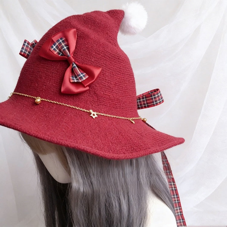 Bow Hat Plaid Pointed Red Decorated