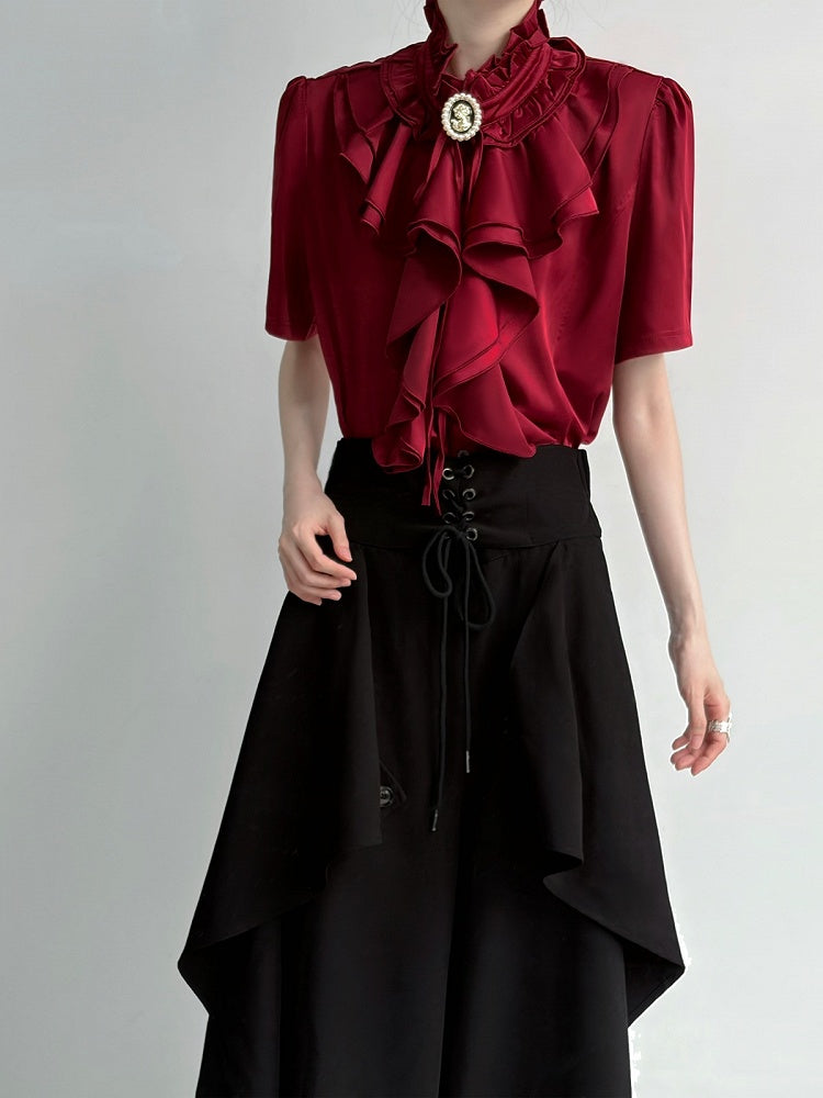 Layered Ruffle Red Ouji Short Sleeve Blouse - ROAE