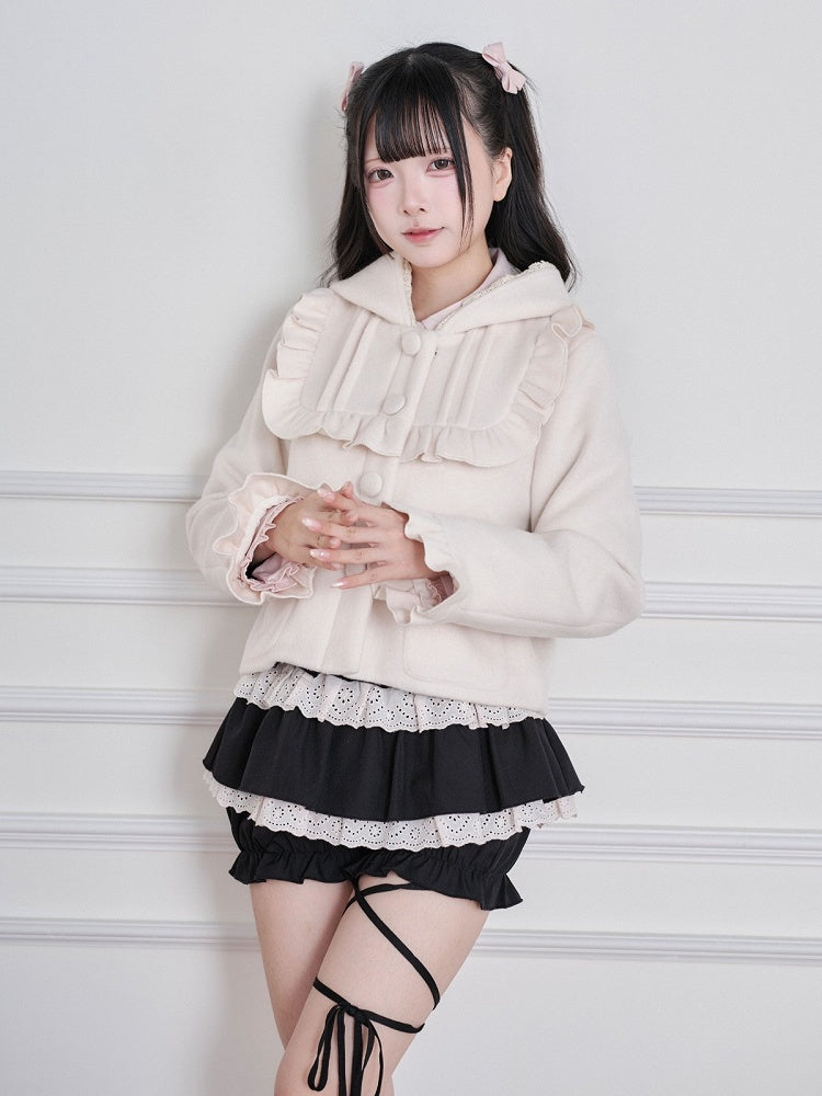 Apricot Ryousangata Wool-Blend Short Hooded Jacket, Ruffled Detail - No Genki