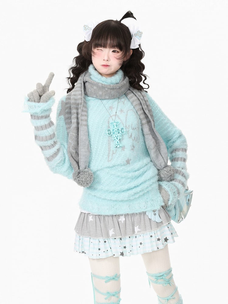 Cool Season Kawaii Blue Asymmetric Faux Mohair Star Wing Sweater - Languid Park