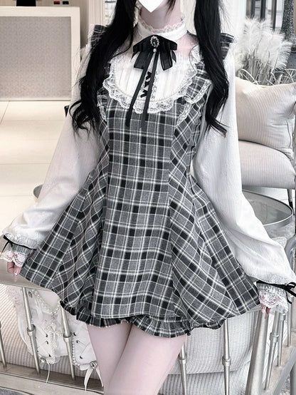 Plaid White/Gray Black Shorts Sleeves Set: with Long Illusion Neckline Top in Jirai Kei