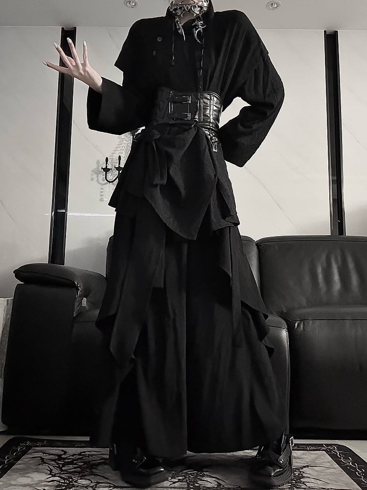 Wide-Leg Black with High-Waisted Lolita Ruffle Trim Ouji Pants Skirt
