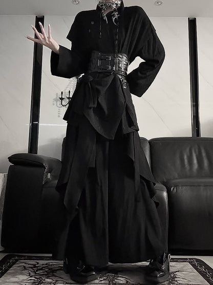 Wide-Leg Black with High-Waisted Lolita Ruffle Trim Ouji Pants Skirt